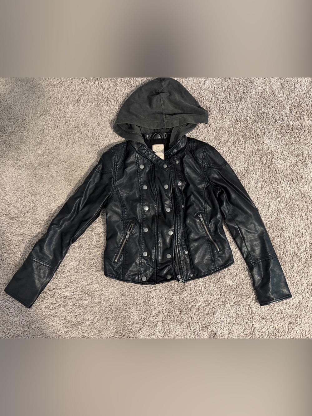 Free People Black Faux Leather Hooded Snap-Front Jacket